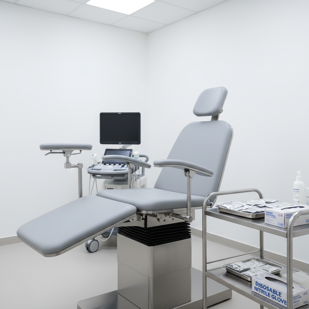 A detailed close-up of a modern gynecological examination room, focusing on an empty, state-of-the-art examination chair with light gray upholstery and adjustable stainless steel components. The chair is positioned centrally against a pristine white wall, beside a compact mobile cart neatly organized with sealed sterile instruments, ultrasound gel, and disposable gloves in their boxes. Overhead LED panel lights cast clean, even illumination with almost no harsh shadows, emphasizing cleanliness and precision. In the softly blurred background, a digital ultrasound machine with a clear, inactive screen rests on a wheeled stand. Captured in photographic realism from a slightly angled perspective, the atmosphere feels professional, safe, and meticulously maintained.