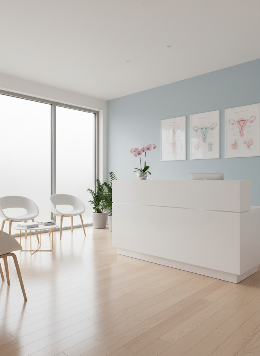 A bright, modern gynecology clinic reception area without any people, featuring a sleek white reception desk with a subtle matte finish and a small vase of pale pink orchids. Soft pastel blue walls are accented by framed anatomical illustrations of the female reproductive system rendered in clean, educational style. Natural daylight pours in from large frosted windows, creating a gentle, diffused glow and soft shadows on the polished light-wood floor. Shot at eye level with photographic realism, the composition follows the rule of thirds, keeping the space open and uncluttered. The mood is calm, professional, and reassuring, with a minimalist, hygienic aesthetic that communicates trust and medical expertise.