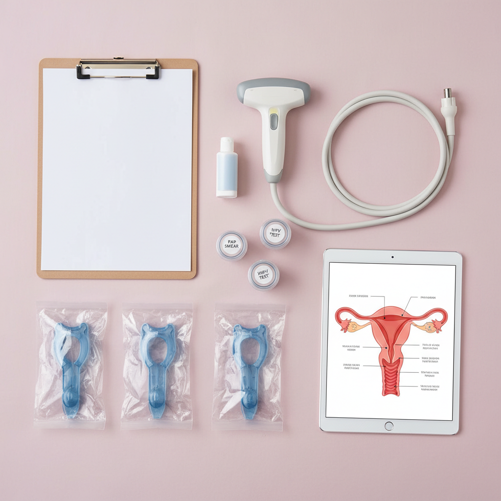A photographic, educational flat lay image of gynecology and women’s health tools arranged neatly on a soft pastel pink background. Items include a closed, blank patient chart on a clipboard, a modern transvaginal ultrasound probe with its cable coiled carefully, sealed sterile speculums in transparent packaging, small labeled sample containers, and a digital tablet displaying a stylized, labeled diagram of the female reproductive system. Overhead softbox lighting creates even, shadow-free illumination, emphasizing cleanliness and clarity. The composition is balanced and spacious, with negative space around each object to avoid clutter. The mood is informative, calm, and professional, suitable for explaining services and diagnostic procedures in a clear, non-intimidating way.