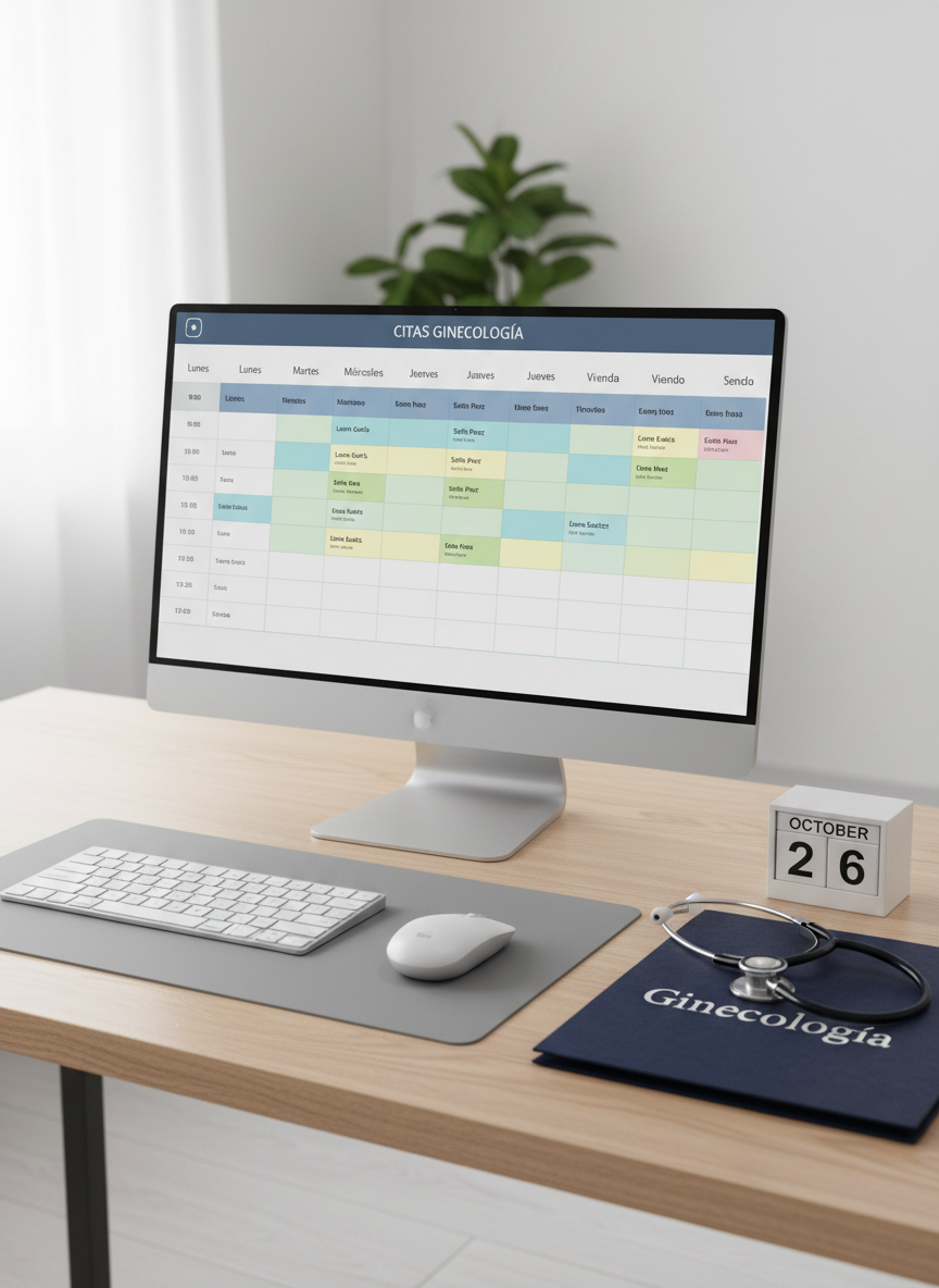 A high-resolution, photographic depiction of a neat desk setup in a gynecology clinic used for scheduling appointments, with no people present. A slim, modern computer monitor displays a clean, color-coded appointment calendar interface in Spanish, while a wireless keyboard rests on a light oak desk surface. Beside it, a closed navy-blue patient folder labeled “Ginecología” in silver letters lies next to a stethoscope and a small calendar block set to the current month. Soft, indirect daylight from an unseen window creates a gentle, professional ambiance, with mild reflections on the monitor and faint shadows beneath desk objects. Shot from a slightly elevated angle with sharp focus throughout, the mood is organized, efficient, and welcoming, ideal for conveying easy appointment management.