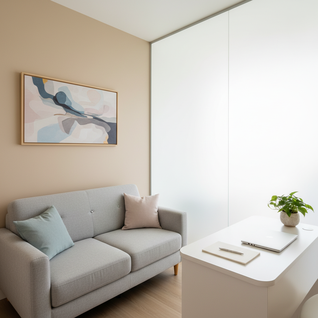 A serene, photographic scene of a private gynecology consultation room designed to feel comfortable and discreet, with no people present. A light gray sofa with smooth fabric and two pastel cushions is placed against a soft beige wall, opposite a compact white desk holding a closed laptop, a notepad, and a small potted green plant. A floor-to-ceiling frosted glass panel lets in diffused natural daylight, producing gentle, soft-edged shadows and a tranquil glow. On the wall, a single, tastefully framed abstract artwork in muted blues and pinks adds subtle color. Captured at eye level with a slight wide-angle lens, the composition emphasizes space and privacy. The atmosphere is warm, trustworthy, and reassuring, aligning with a professional yet approachable gynecology clinic.