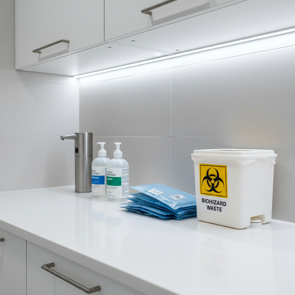 A clean, photographic detail of a countertop in a gynecology clinic’s hygiene preparation area, showcasing impeccable infection-control standards. On a glossy white counter, neatly arranged items include a touchless sanitizer dispenser, a row of labeled disinfectant bottles, a stack of individually wrapped sterile instrument packs, and a closed biohazard container with clear warning symbols. The background features smooth, light gray tiles and upper white cabinets with subtle metallic handles. Bright, cool-toned LED lighting from above creates crisp reflections and fine, controlled shadows, emphasizing order and sterility. Shot from a side angle at countertop height with sharp focus, the mood is highly professional, precise, and reassuring, underlining the clinic’s commitment to safety in all gynecological procedures.